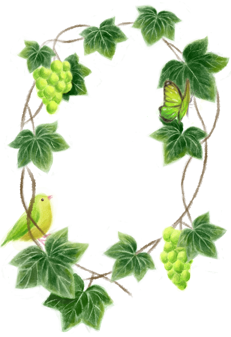 水彩風のぶどうと鳥のフレームのイラスト